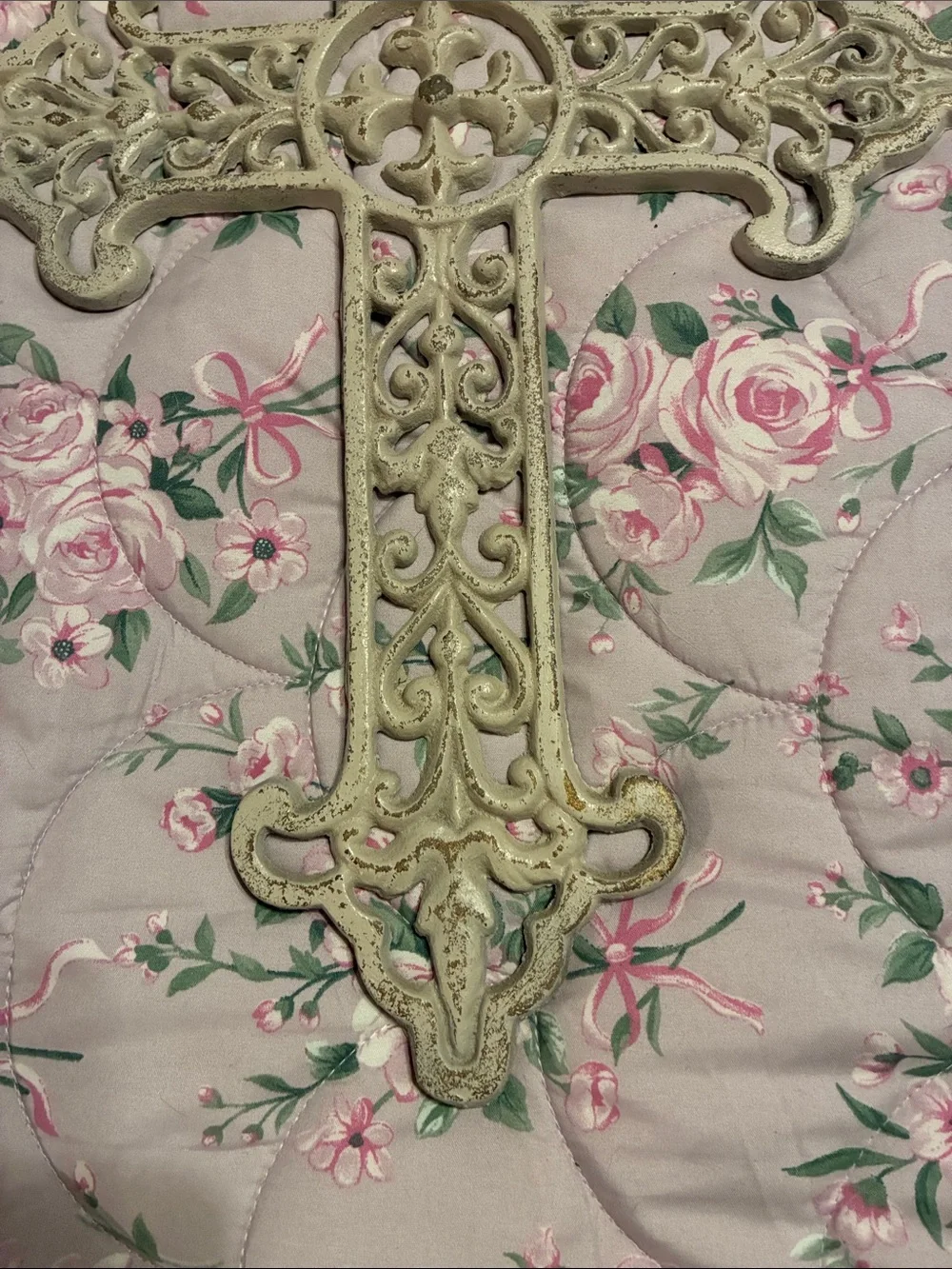 Large Ornate Cast Iron Wall Cross in Distressed Cream